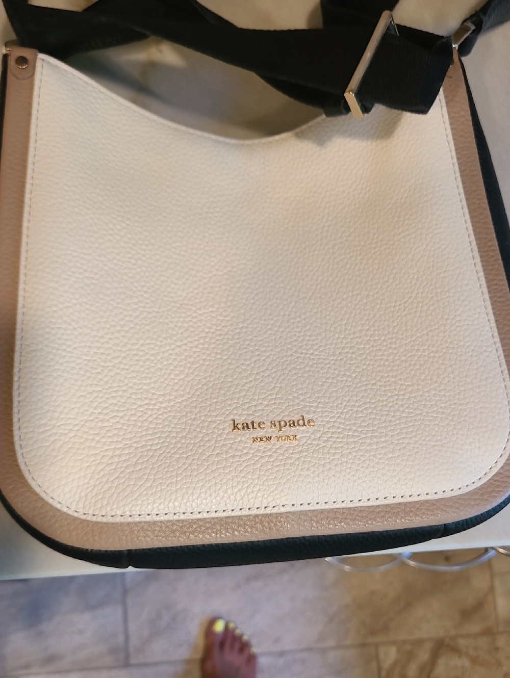 Kate Spade White and Beige Pebbled Leather Crossbody with Black Strap